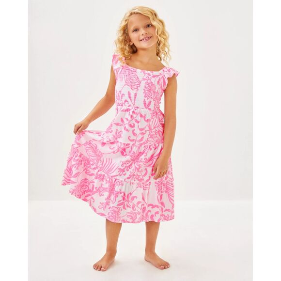 Lilly Pulitzer Girls Mini Jilly Midi Dress Smocked Printed Tiered Kids XS 281152